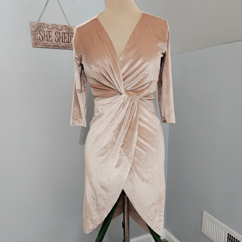 ZARA Velvet Twist Front Dress Beige Ruched Long Sleeve Soft Glam Luxe